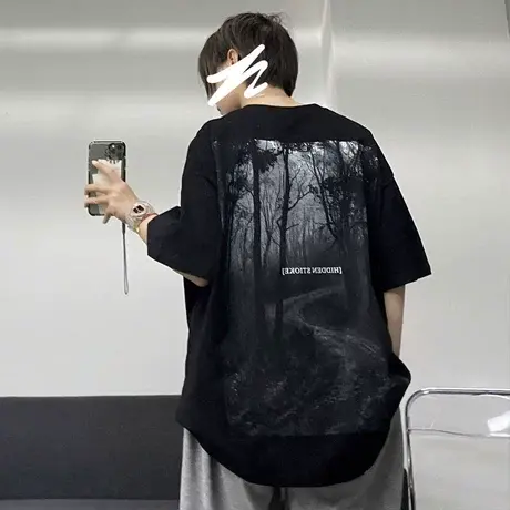 原宿风纯棉短袖t恤男潮流港风宽松夏季半袖体恤休闲打底衫薄款tee商品大图