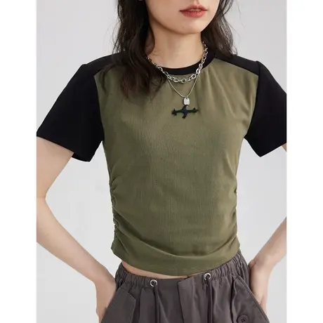 尔给美式小众修身显瘦撞色美式插肩袖短款上衣女夏季短袖复古t恤商品大图