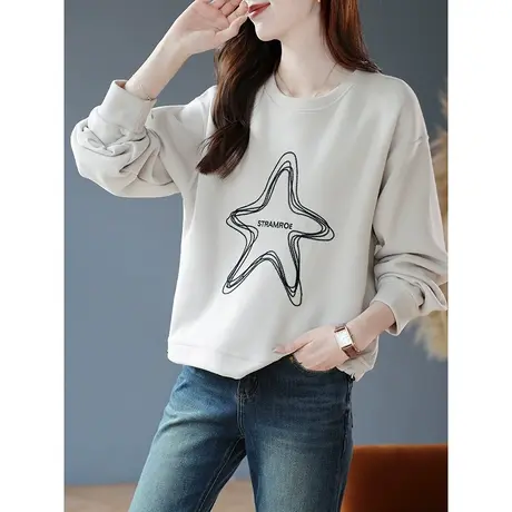 宝诗黎圆领字母刺绣宽松慵懒卫衣女休闲2024新款春季长袖百搭上衣商品大图