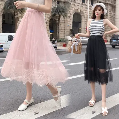 春秋新款显瘦拼接蕾丝边仙女蓬蓬裙中长款网纱半身裙a字9907h图片