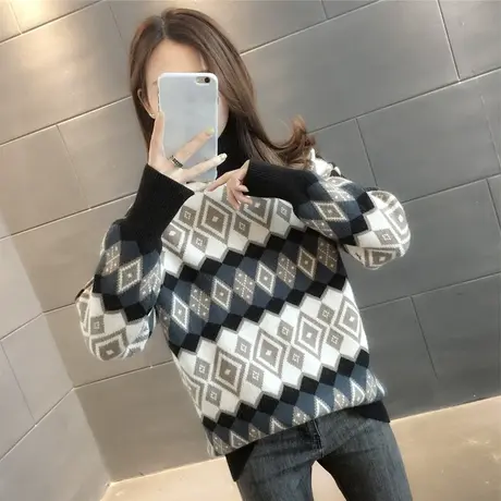 撞色高领毛衣女冬季2023年新款洋气内搭针织衫韩版宽松打底衫商品大图