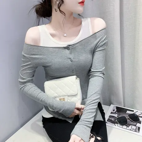 不规则撞色T恤女长袖2024新款修身显瘦打底衫设计感两件套上衣潮商品大图