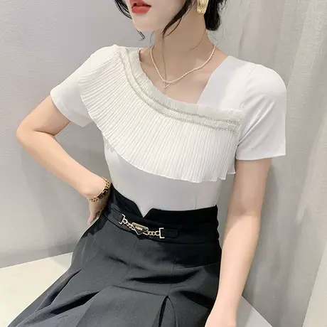 设计感小众短袖T恤女2024夏装新款洋气木耳边上衣修身斜领小衫潮图片