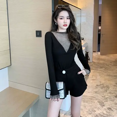 时尚半高领打底衫秋季女装洋气新款镂空拼接T恤上衣修身显瘦百搭图片