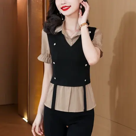 雪纺衫女短袖上衣夏款小衫2023年新款时尚洋气衬衫大码遮肚子显瘦商品大图