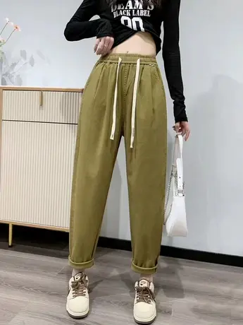 2023秋季新款弹力直筒哈伦裤松紧腰九分萝卜裤休闲百搭显瘦女裤潮图片