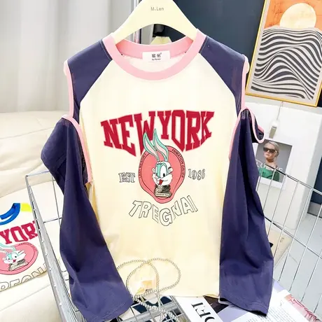 韩国东大门薄款长袖T恤夏季款俏皮可爱兔子露肩天丝棉防晒衫空调图片