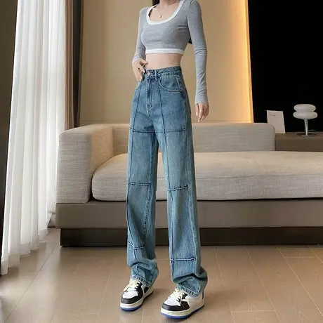 美式高街阔腿牛仔裤女春秋新款高腰显瘦宽松直筒设计感拼接拖地裤商品大图