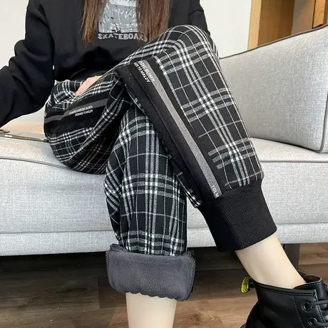 加绒格子裤女秋冬新款宽松高腰黑白格休闲哈伦束脚老爹萝卜灯笼裤商品大图