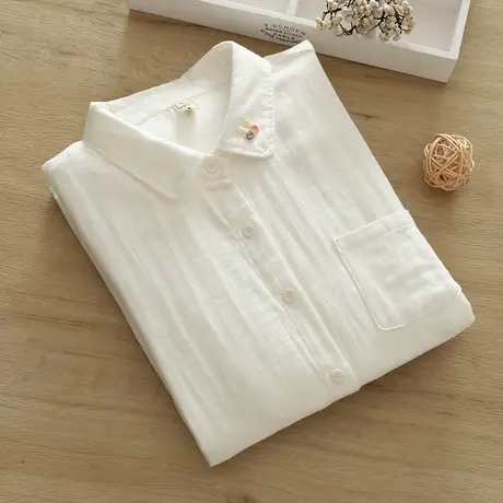 春秋季日系文艺小清新双层棉纱长袖白衬衫女学生宽松百搭打底上衣商品大图