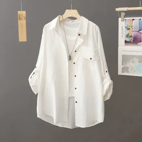 纯棉长袖防晒衬衫女夏季薄款开衫衬衫2024新款宽松上衣薄外套衬衣商品大图