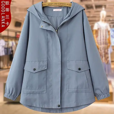 加大码中年胖妈妈春秋风衣女200斤宽松洋气时尚连帽休闲夹克外套商品大图