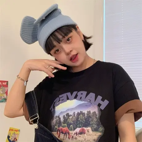 红续oversize小个子印花短袖t恤女2023年夏季新款ins宽松复古上衣图片