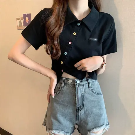 翻领polo衫女短袖t恤韩版修身显瘦高腰短款开叉正肩上衣设计感夏商品大图