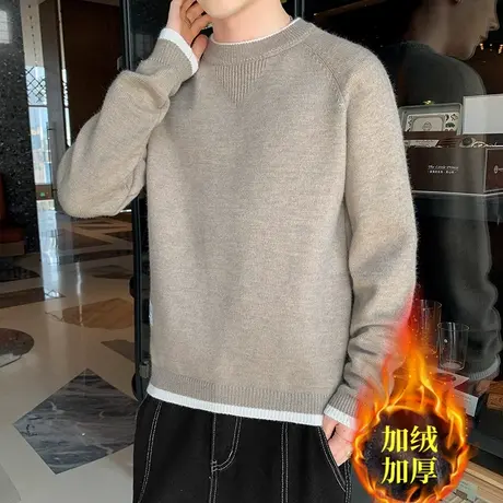 圆领毛衣男款秋冬ins高街百搭加绒纯色针织衫港风休闲线衣外套潮商品大图