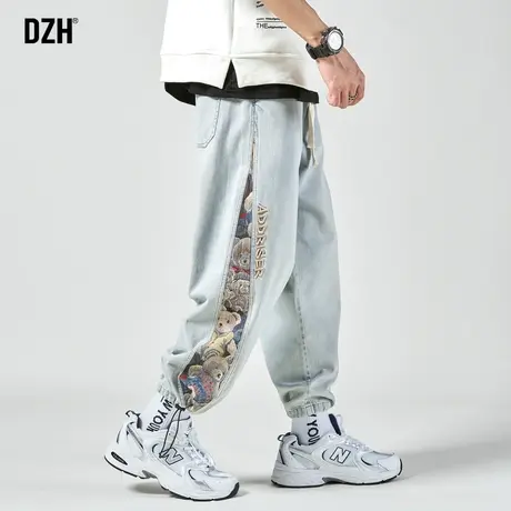 男士浅色牛仔裤2024新款男秋季休闲裤拼接裤子美式高街束脚裤男款商品大图