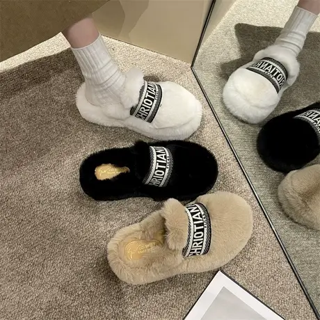 包头半拖鞋女2024新款懒人复古配裙子毛毛鞋冬季温柔厚底增高棉拖商品大图
