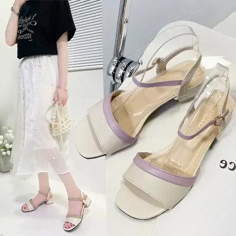 凉鞋女仙女风2023年新款夏季百搭ins潮拼色中跟一字带网红凉鞋图片