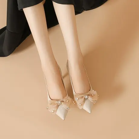 性感少女蝴蝶结水钻单鞋女细跟2024年春季新款时尚百搭尖头高跟鞋商品大图