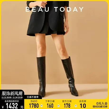 BeauToday长筒靴女2024新款复古长靴BT春季高跟瘦瘦靴真皮单靴女图片