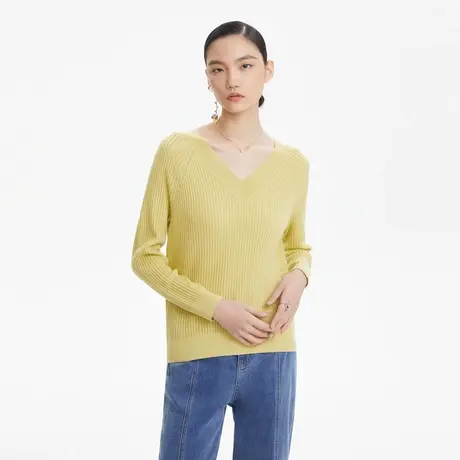 LANCY/朗姿长袖V领针织衫宽松通勤高级羊毛毛衣女设计感法式奥莱图片