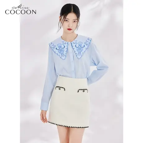 missCOCOON青花瓷国风衬衫女2023新款春大翻领绣花设计感小众上衣商品大图