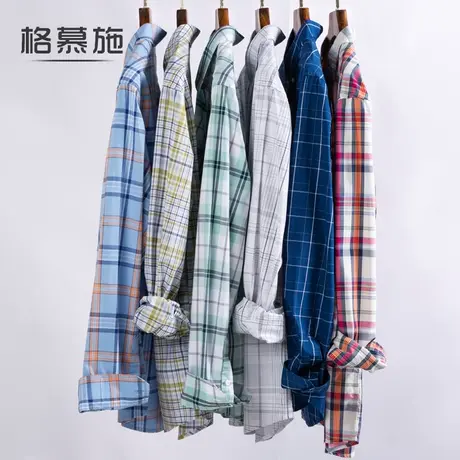 格慕施格子纯棉衬衫男长袖加肥大码商务休闲宽松衬衣男士休闲外套商品大图
