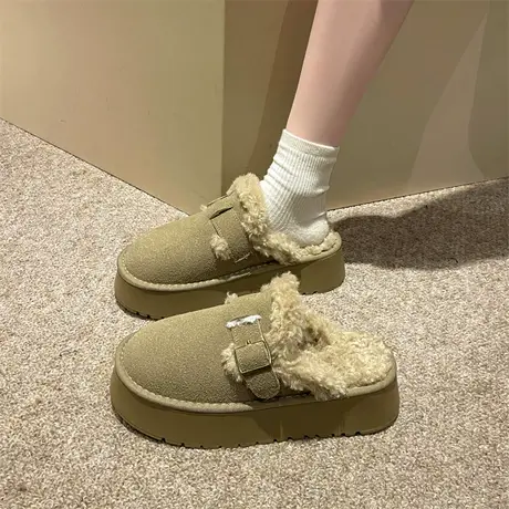 办公室女士外穿拖鞋秋冬新款2023年勃肯半拖松糕厚底增高复古棉拖图片