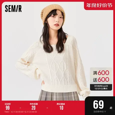 森马毛衣女短款设计感灯笼袖2021冬季新款宽松外搭甜美系方领毛衫图片