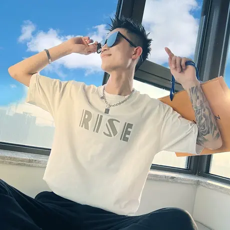 夏季短袖T恤ins潮牌半袖2023新款男装痞帅夏装简约字母半截袖百搭商品大图