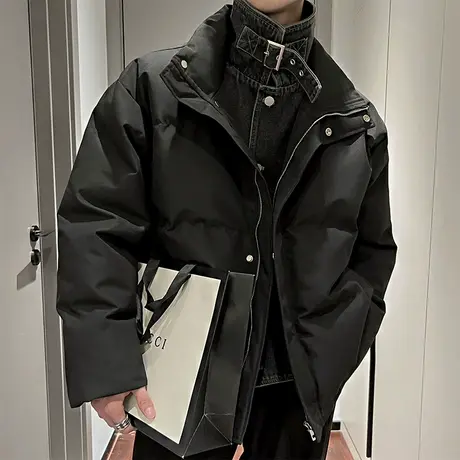 美式设计感牛仔拼接假两件棉衣外套男冬季新款炸街个性潮牌棉服商品大图