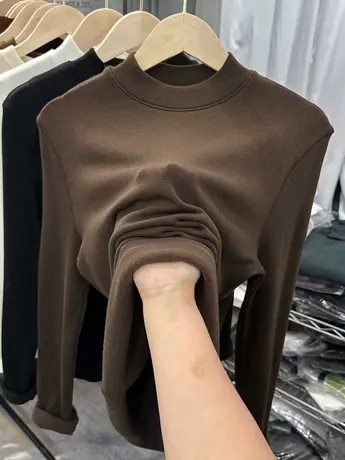 百搭压线洋气秋冬加绒加厚半高领T恤女长袖内搭打底衫大码胖M外穿商品大图