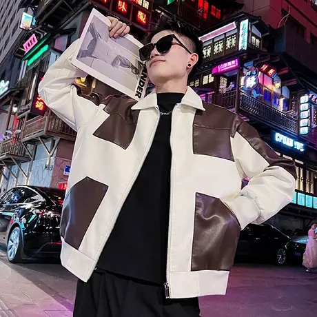 高级感个性皮衣新款2023春秋季美式潮牌痞帅拼色机车皮夹克外套男商品大图