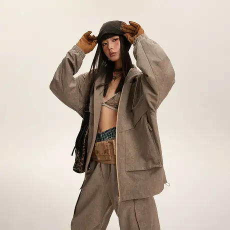 潮牌复古美拉德穿搭连帽外套女春秋2024年新款美式宽松设计感夹克商品大图