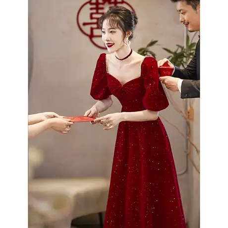 在逃公主敬酒服新娘新款丝绒亮晶晶法式结婚酒红色礼服女订婚夏季商品大图