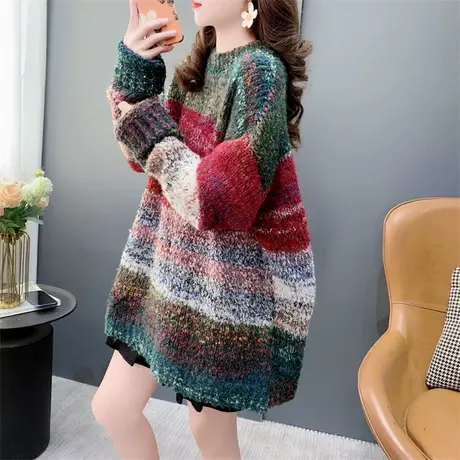 复古渐变条纹加厚圆领毛衣女秋冬2023年新款宽松慵懒风超好看上衣图片