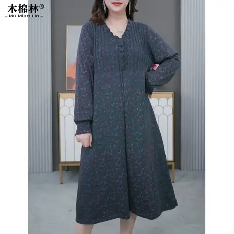 胖mm大码女连衣裙春秋时髦V领针织加厚加大妈妈保暖打底中长裙子商品大图