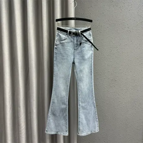 欧货韩版休闲微喇裤女2024春季新款浅蓝色设计感高腰百搭牛仔长裤图片