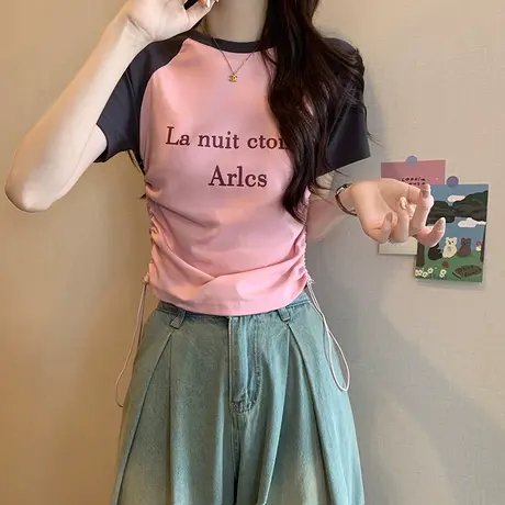 甜辣妹风插肩短袖t恤女夏季新款设计感修身短款上衣独特别致小衫商品大图