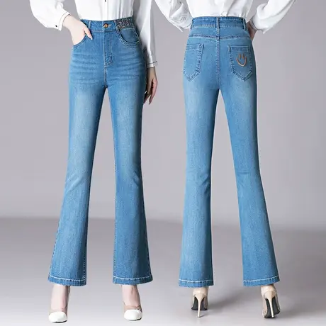 高腰牛仔裤女2024年新款春季大码显瘦微喇裤浅色裤子蓝色喇叭女裤图片