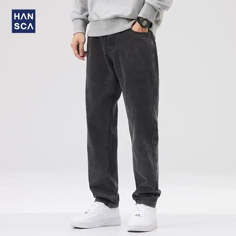hansca黑色牛仔裤男宽松直筒秋季新款潮流百搭复古水洗休闲长裤子商品大图