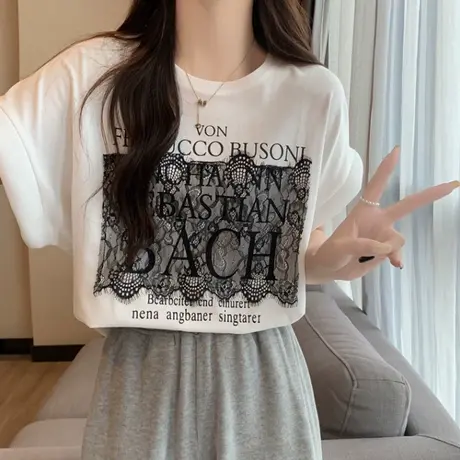 纯棉蕾丝拼接短袖T恤女夏季宽松显瘦2024新款百搭插肩袖上衣ins潮商品大图