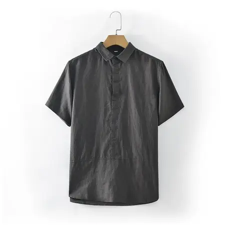 2024夏季亚麻休闲衬衫男短袖薄款宽松港风男士上衣中国风棉麻衬衣商品大图