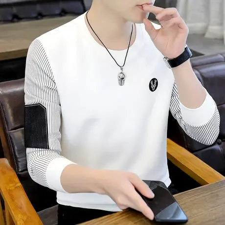 秋季男卫衣潮流帅气刺绣休闲上衣内搭圆领拼接条纹长袖t恤打底衫商品大图