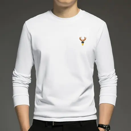 重磅纯棉长袖t恤男装秋冬加绒加厚白色打底衫摇粒绒全棉内搭秋衣商品大图