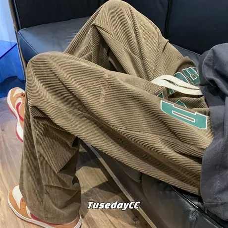 灯芯绒裤子男秋冬高街ins潮牌运动百搭直筒拖地裤宽松垂感休闲裤商品大图