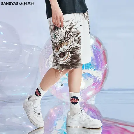 木村三社舞狮印花夏季男士运动宽松直筒休闲裤透气潮流五分短裤商品大图