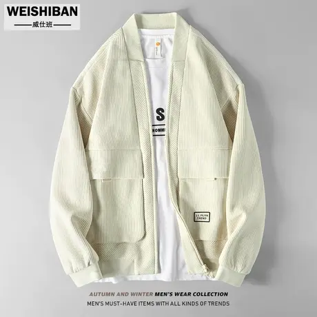 日系休闲V领灯芯绒外套男春秋新款宽松百搭舒适拉链痞帅开衫夹克商品大图