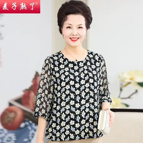 妈妈夏装洋气T恤阔太太雪纺小衫春新款高贵上衣服50岁中老年女装商品大图