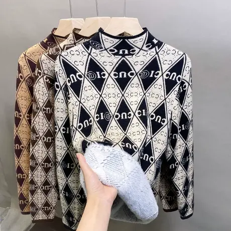 加绒半高领毛衣女一体绒加厚打底衫2023秋冬新款针织衫内搭上衣潮商品大图